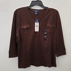 Chaps Denim, NWT, Women's 3/4 sleeve Henley Top , Bark Brown, RN 41381, Size XL